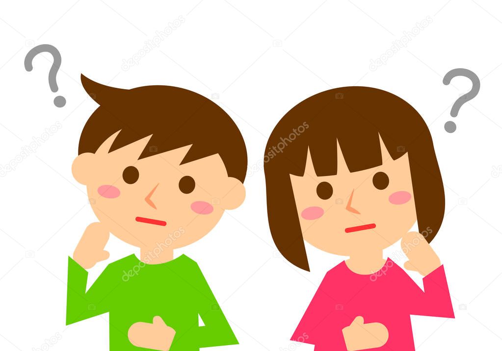 Facial expressions of thinking. Upper body of boy and girl. Vector illustration