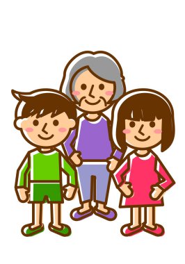 Üç kişilik gülümseyen bir aile. Büyükanne, torun ve torun. Tüm vücudum. Vektör illüstrasyonu