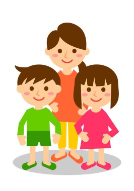 Üç kişilik gülümseyen bir aile. Anne, oğul ve kız. Tüm vücudum. Vektör illüstrasyonu