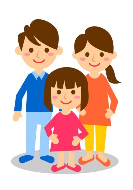 Üç kişilik gülümseyen bir aile. Baba, anne ve kız. Tüm vücudum. Vektör illüstrasyonu