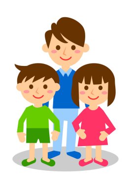 Üç kişilik gülümseyen bir aile. Baba, oğul ve kız. Tüm vücudum. Vektör illüstrasyonu