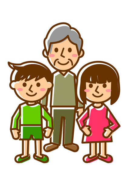 Smiling family of three. Grandfather, Grandson and Granddaughter. Whole body. Vector illustration