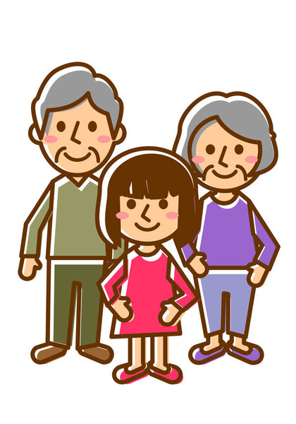 Smiling family of three. Grandfather, Grandmother and Granddaughter. Whole body. Vector illustration