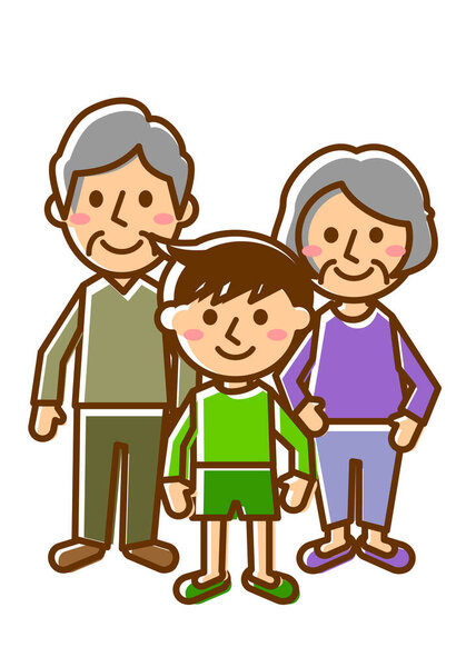 Smiling family of three. Grandfather, Grandmother and Grandson. Whole body. Vector illustration