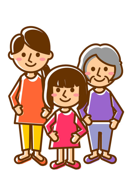 Smiling family of three. Grandmother, mother and daughter. Whole body. Vector illustration