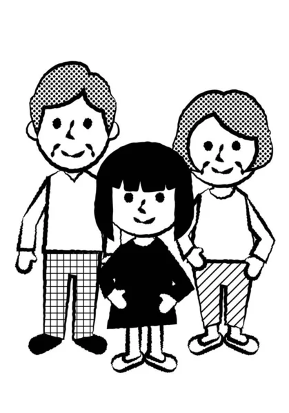 Familia Sonriente Tres Abuelo Abuela Nieta Todo Cuerpo Ilustración Vectorial — Archivo Imágenes Vectoriales