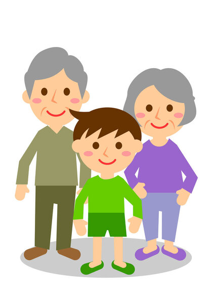 Smiling family of three. Grandfather, Grandmother and Grandson. Whole body. Vector illustration