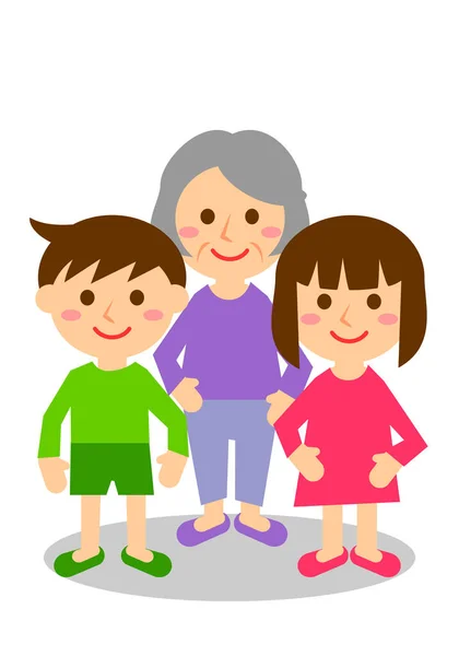 Χαμογελαστή Τριμελής Οικογένεια Γιαγιά Εγγονή Και Εγγονή Ολόκληρο Σώμα Εικονογράφηση — Διανυσματικό Αρχείο