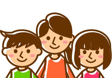 Üç kişilik gülümseyen bir aile. Anne, oğul ve kız. Üst vücut. Vektör illüstrasyonu