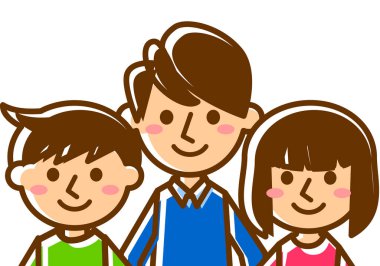 Üç kişilik gülümseyen bir aile. Baba, oğul ve kız. Üst vücut. Vektör illüstrasyonu