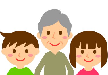 Üç kişilik gülümseyen bir aile. Büyükbaba, torun ve torun. Üst vücut. Vektör illüstrasyonu