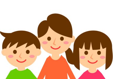 Üç kişilik gülümseyen bir aile. Anne, oğul ve kız. Üst vücut. Vektör illüstrasyonu
