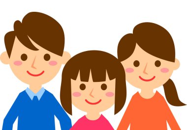 Üç kişilik gülümseyen bir aile. Baba, anne ve kız. Üst vücut. Vektör illüstrasyonu