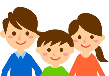 Üç kişilik gülümseyen bir aile. Baba, anne ve oğul. Üst vücut. Vektör illüstrasyonu
