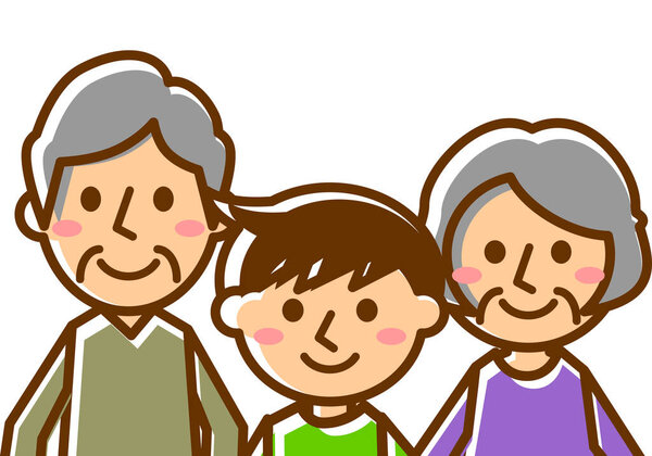 Smiling family of three. Grandfather, Grandmother and Grandson. Upper body. Vector illustration