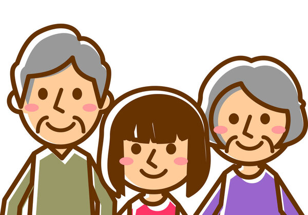 Smiling family of three. Grandfather, Grandmother and Granddaughter. Upper body. Vector illustration