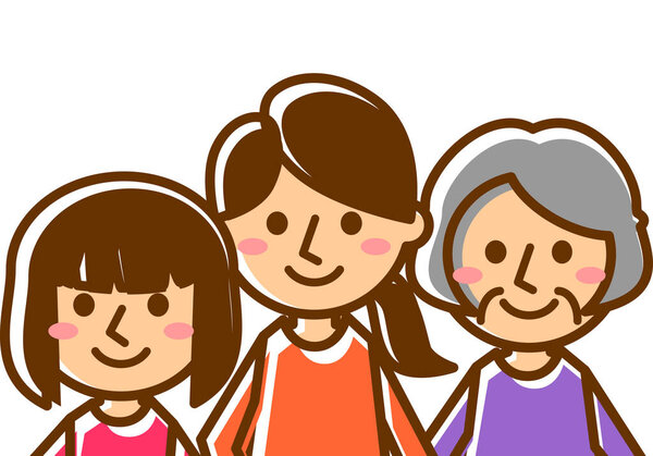 Smiling family of three. Grandmother, mother and daughter. Upper body. Vector illustration