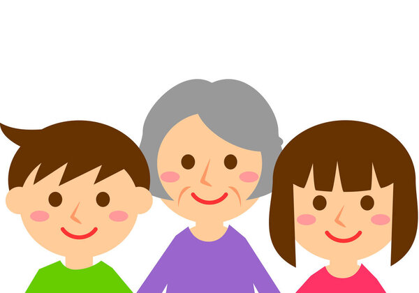 Smiling family of three. Grandmother, Grandson and Granddaughter. Upper body. Vector illustration