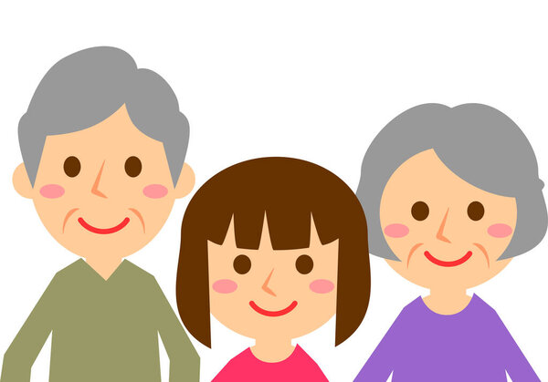 Smiling family of three. Grandfather, Grandmother and Granddaughter. Upper body. Vector illustration