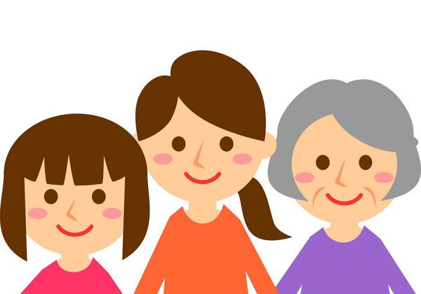 Smiling family of three. Grandmother, mother and daughter. Upper body. Vector illustration