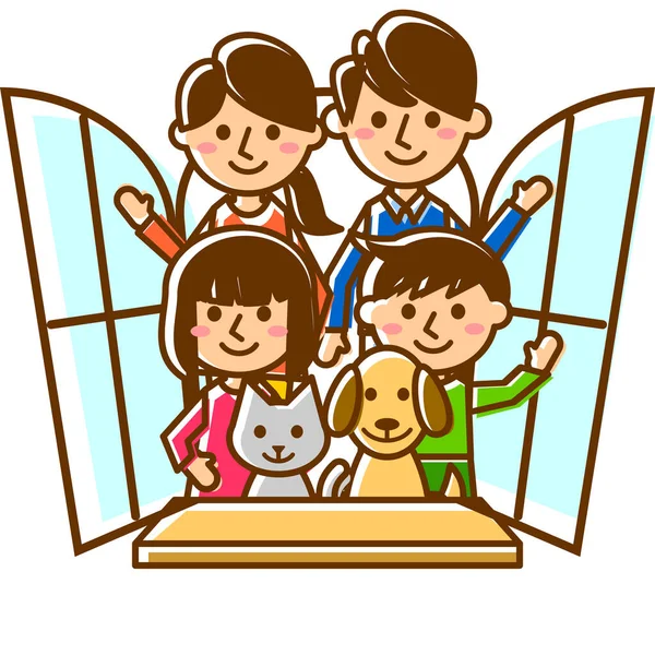 Lycklig Familj Med Fönster Föräldrar Barn Och Husdjur Vektorillustration — Stock vektor
