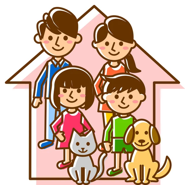 Familia Feliz Con Casa Padres Hijos Mascotas Ilustración Vectorial — Vector de stock