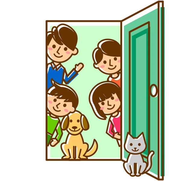 Szczęśliwa Rodzina Drzwiami Rodzice Dzieci Zwierzęta Ilustracja Wektora — Wektor stockowy