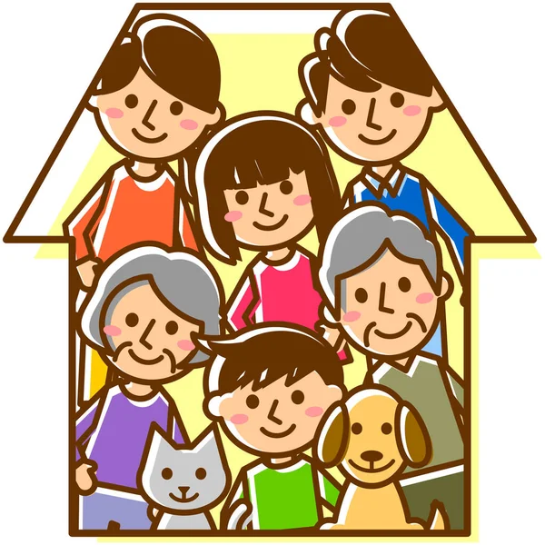 Familia Feliz Con Casa Abuelos Padres Hijos Mascotas Ilustración Vectorial — Archivo Imágenes Vectoriales