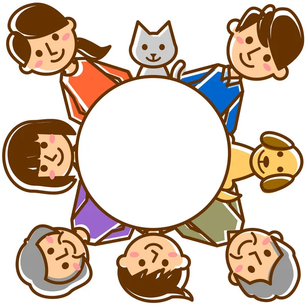 Lycklig Familj Med Cirkel Morföräldrar Föräldrar Barn Och Husdjur Vektorillustration — Stock vektor