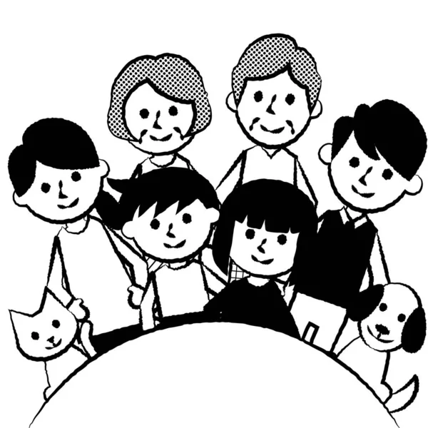 Gelukkige Familie Met Boog Grootouders Ouders Kinderen Huisdieren Vectorillustratie — Stockvector