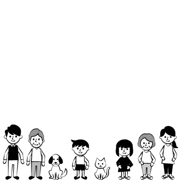 Šťastná Rodina Řadě Prarodiče Rodiče Děti Domácí Zvířata Vektorová Ilustrace — Stockový vektor