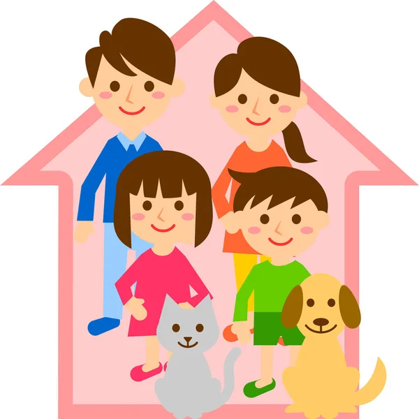 Familia Feliz Con Casa Padres Hijos Mascotas Ilustración Vectorial — Archivo Imágenes Vectoriales