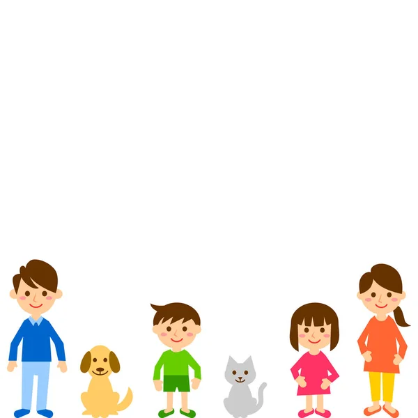 Šťastná Rodina Řadě Rodiče Děti Domácí Zvířata Vektorová Ilustrace — Stockový vektor
