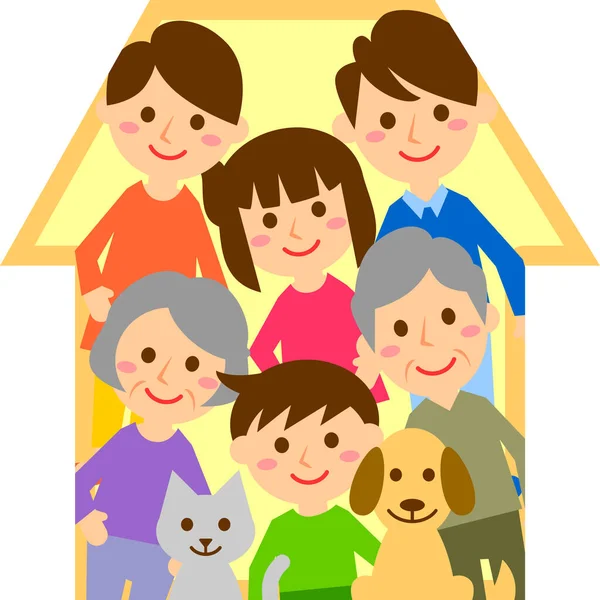Familia Feliz Con Casa Abuelos Padres Hijos Mascotas Ilustración Vectorial — Archivo Imágenes Vectoriales