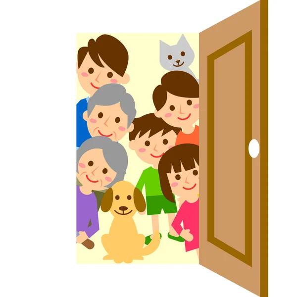 Familia Feliz Con Puerta Abuelos Padres Hijos Mascotas Ilustración Vectorial — Archivo Imágenes Vectoriales