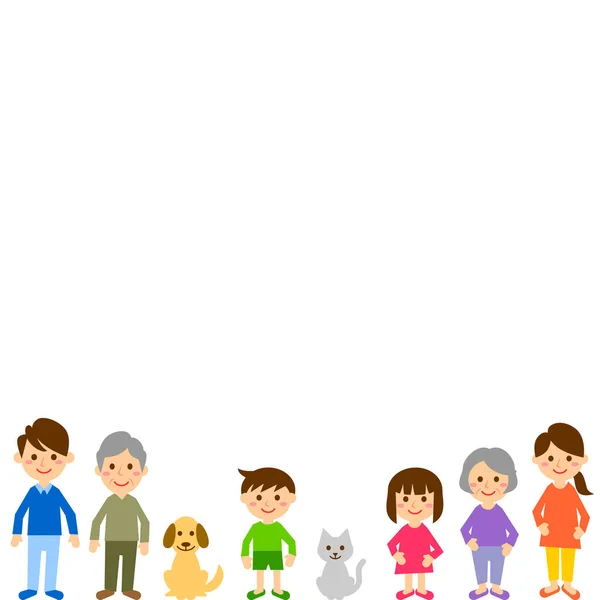 Happy Family Row Grandparents Parents Children Pets Vector Illustration — Stock Vector