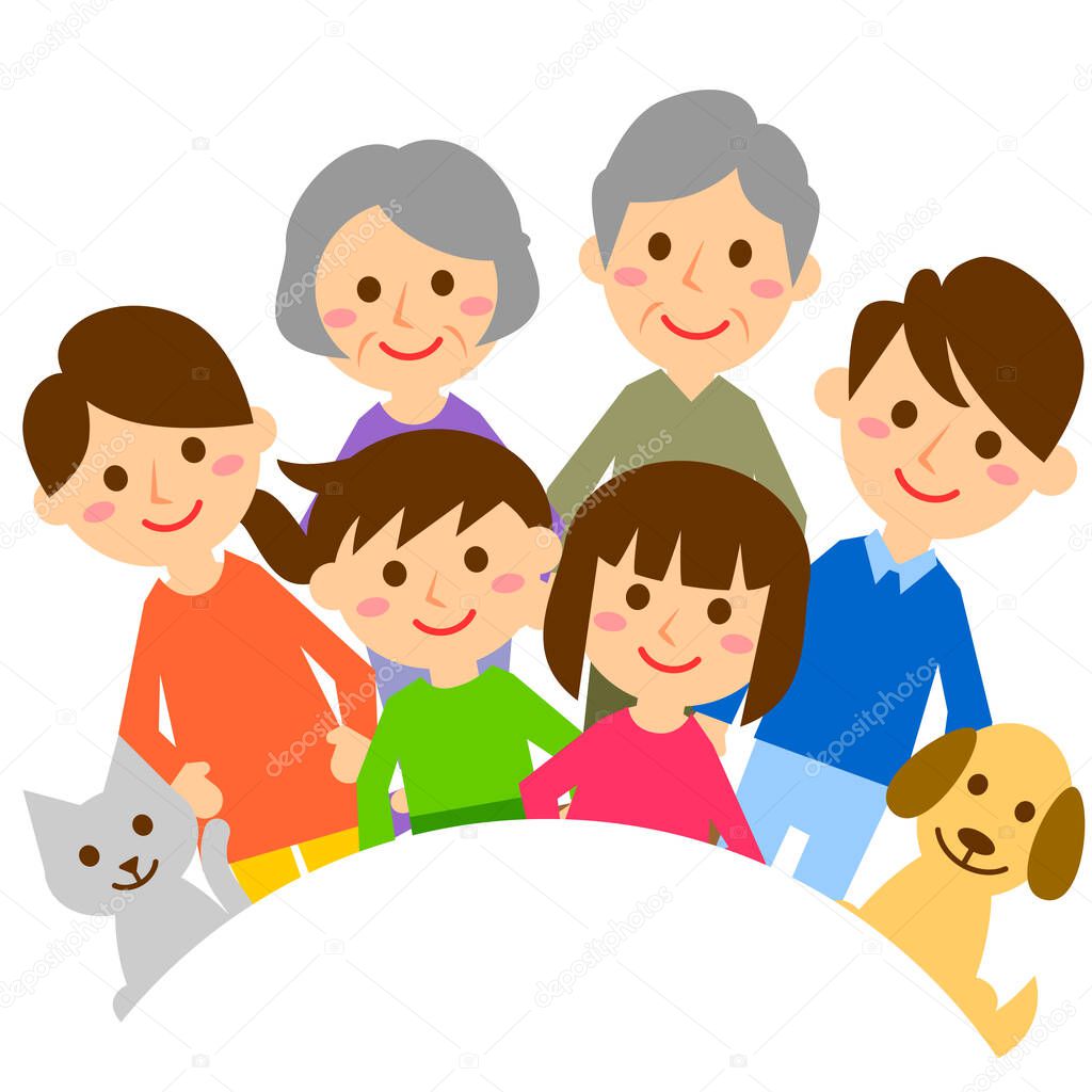 Happy family with arc. Grandparents, parents, children and pets. Vector illustration