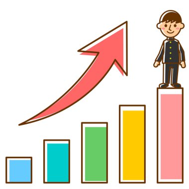 Öğrenci ve grafik yukarı. Üniformalı bir erkek öğrenci. Vektör illüstrasyonu