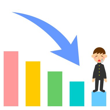 Öğrenci ve grafik aşağı. Üniformalı bir erkek öğrenci. Vektör illüstrasyonu