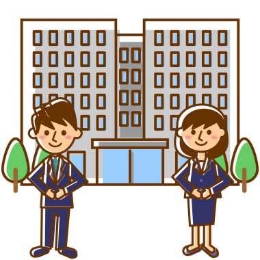 Ofis çalışanları ve şirketler. Takım elbiseli kadın ve erkek ofis çalışanları. Vektör illüstrasyonu