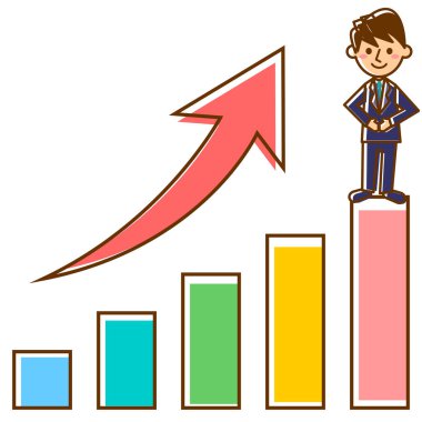 Ofis çalışanı ve grafik yukarı. Takım elbiseli bir erkek ofis çalışanı. Vektör illüstrasyonu