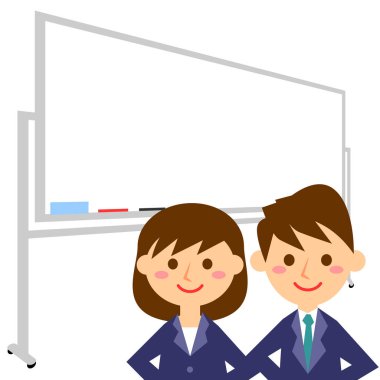 Ofis çalışanları ve beyaz tahta. Takım elbiseli kadın ve erkek ofis çalışanları. Vektör illüstrasyonu