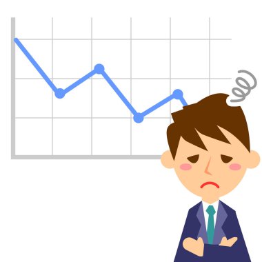 Ofis çalışanı ve grafik. Takım elbiseli bir erkek ofis çalışanı. Vektör illüstrasyonu