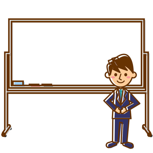 Офисный работник перед доской. Работник мужского офиса в костюме. Векторная иллюстрация