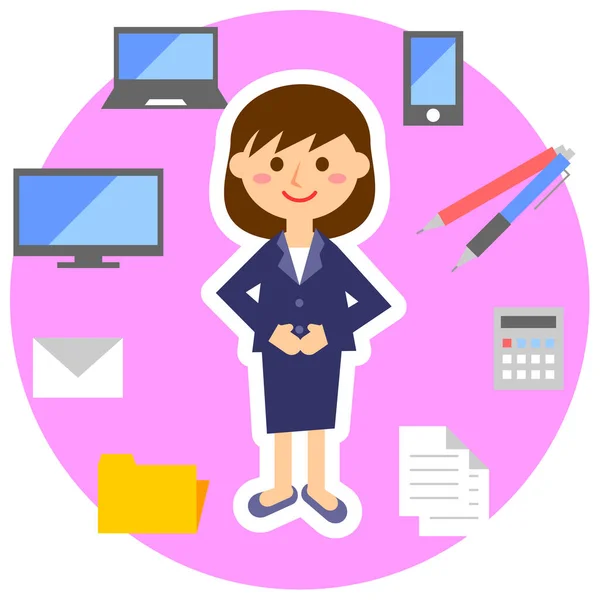 Office Worker Surrounded Business Tools Female Office Worker Suit Vector — Stock Vector
