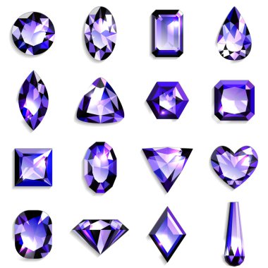Çeşitli şekillerde mor değerli taşlar seti. Mücevherler beyaz arka planda. Vektör illüstrasyonu