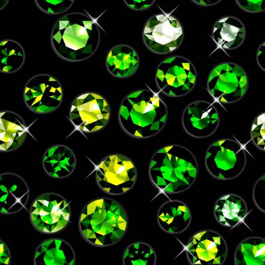 Yeşil değerli taşları olan kusursuz bir desen. Siyah arka planda mücevherler. Vektör illüstrasyonu
