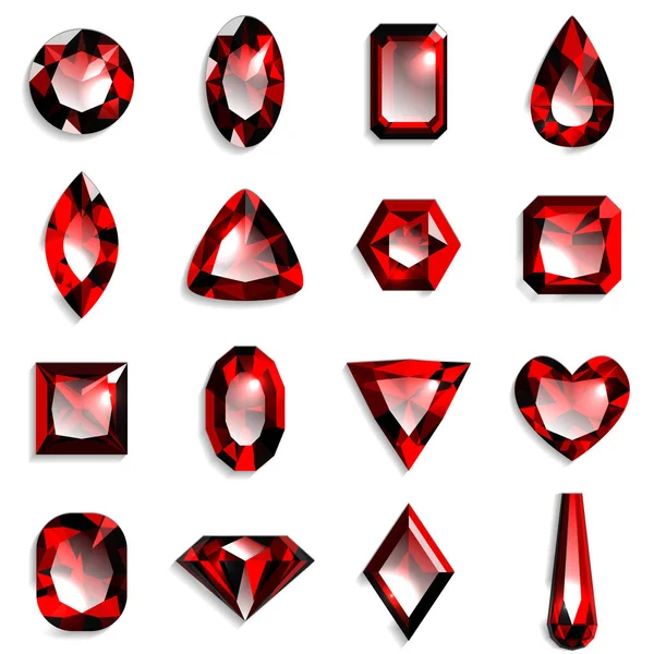 Σύνολο Κόκκινων Πολύτιμων Λίθων Διαφόρων Σχημάτων Κοσμήματα Λευκό Φόντο Εικονογράφηση — Διανυσματικό Αρχείο