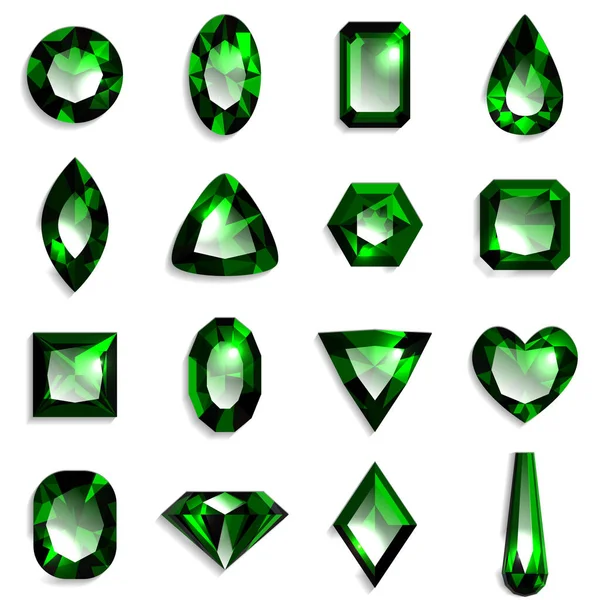 Conjunto Gemas Verdes Varias Formas Joyas Sobre Fondo Blanco Ilustración — Vector de stock