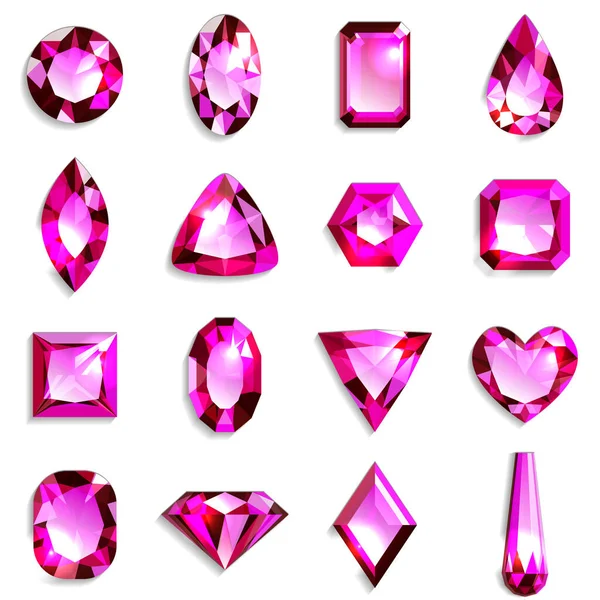 Conjunto Piedras Preciosas Rosadas Varias Formas Joyas Sobre Fondo Blanco — Vector de stock